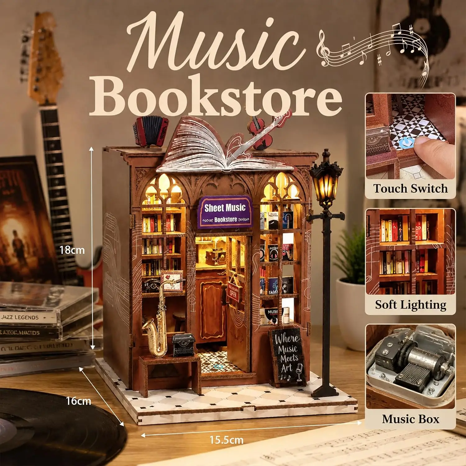 Book Nook Kit DIY Miniature House with LED Lights & Music Box, 3D Wooden Puzzle Bookshelf Insert for Adults, Double Door Mini Do