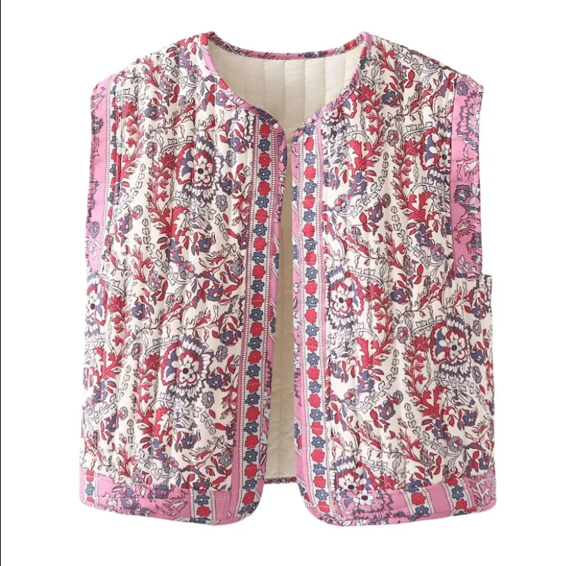 Women\'s Printed Cotton Vest 2024 New Commuting Retro Round Neck Sleeveless Flower Print Short Quilted Cotton Vest Elegant Jacket