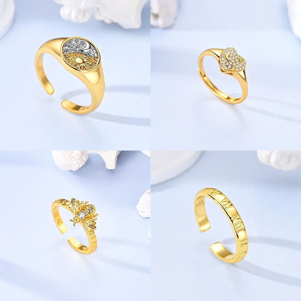 925 Silver Golden Adjustable Open Ring Butterfly Bee Starfish Flower Love Zircon Rings Jewelry for Women Birthday Party Gift