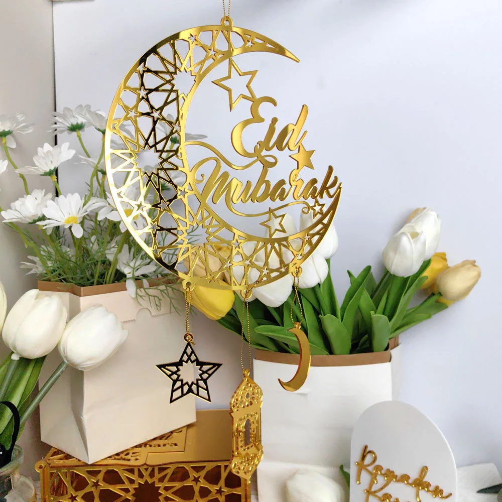 1pcs Eid al-FitrTheme Acrylic Wind Chimes Gold Ramadan Star Moon Wall Hanging Ornament Id al Fitr Party DIY Pendant Decoration