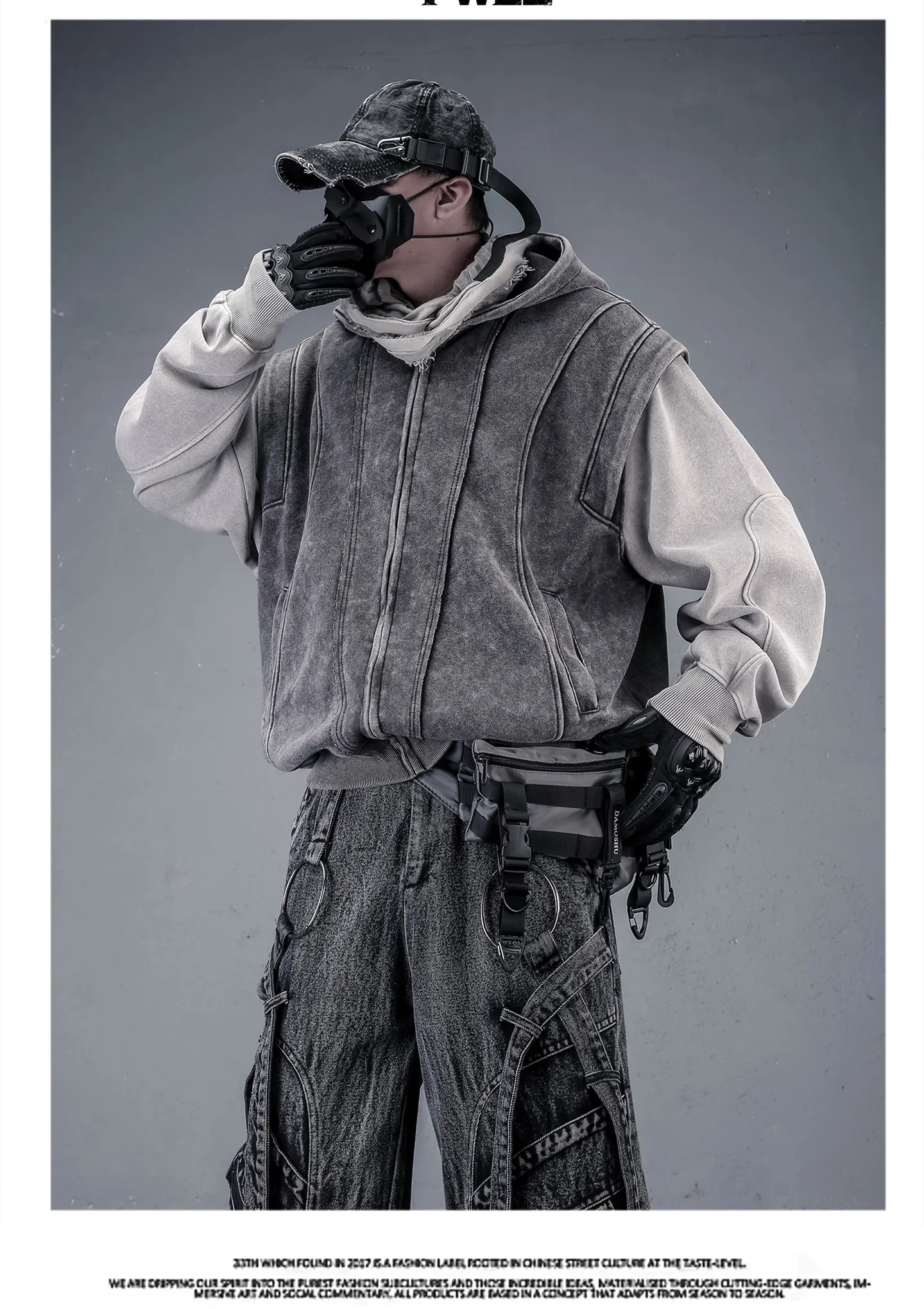 Washed Distressed Fake Two Piece Patchwork Punk Vintage Hoodies Man Techwear Gothic Zip Up Hoodie Street Wear