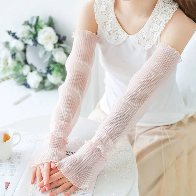 Summer Long Fingerless Gloves Women Sun Protection Sleeves Gloves Lady Thin Lace Mesh Arm Sleeve Sunscreen UV Breathable Mittens