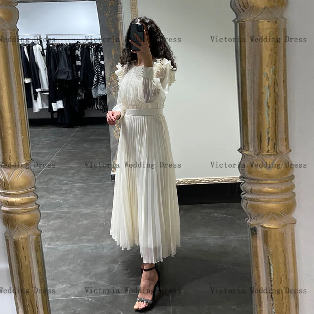 Elegant Ivory Mother of the Bride Dresses O Neck Long Sleeves A-Line Wedding Party Gowns Pleat Beaded Ankle Length فساتين السهرة