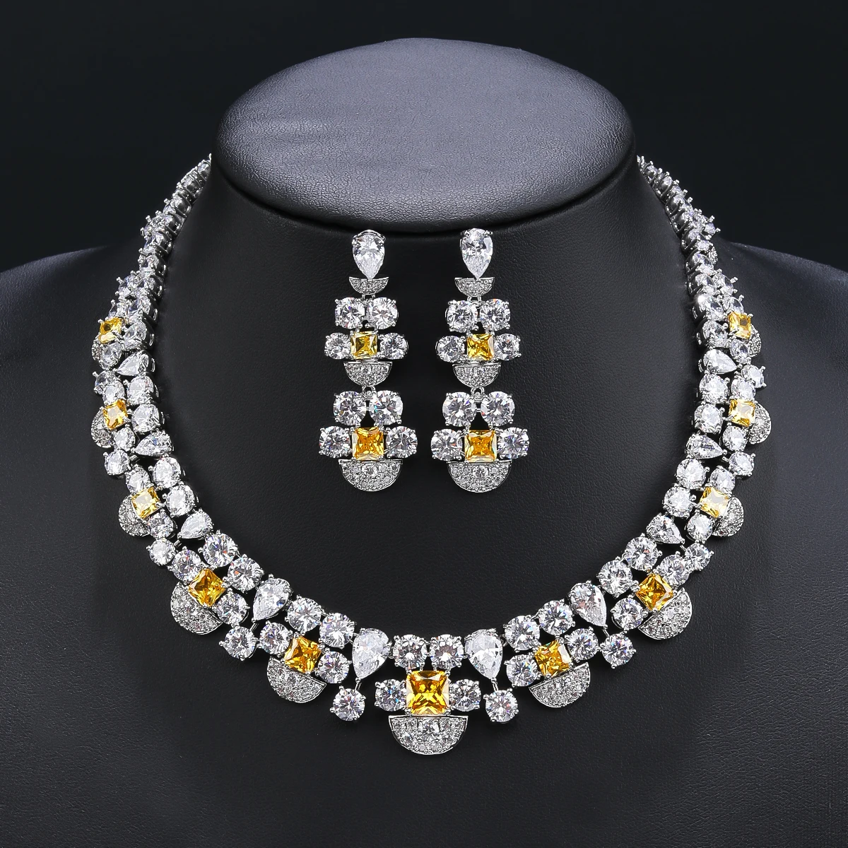 Women's Baroque Style Cubic Zirconia Statement Bridal Wedding Necklace Earrings Set Costume Accessories Jewelry CN11326