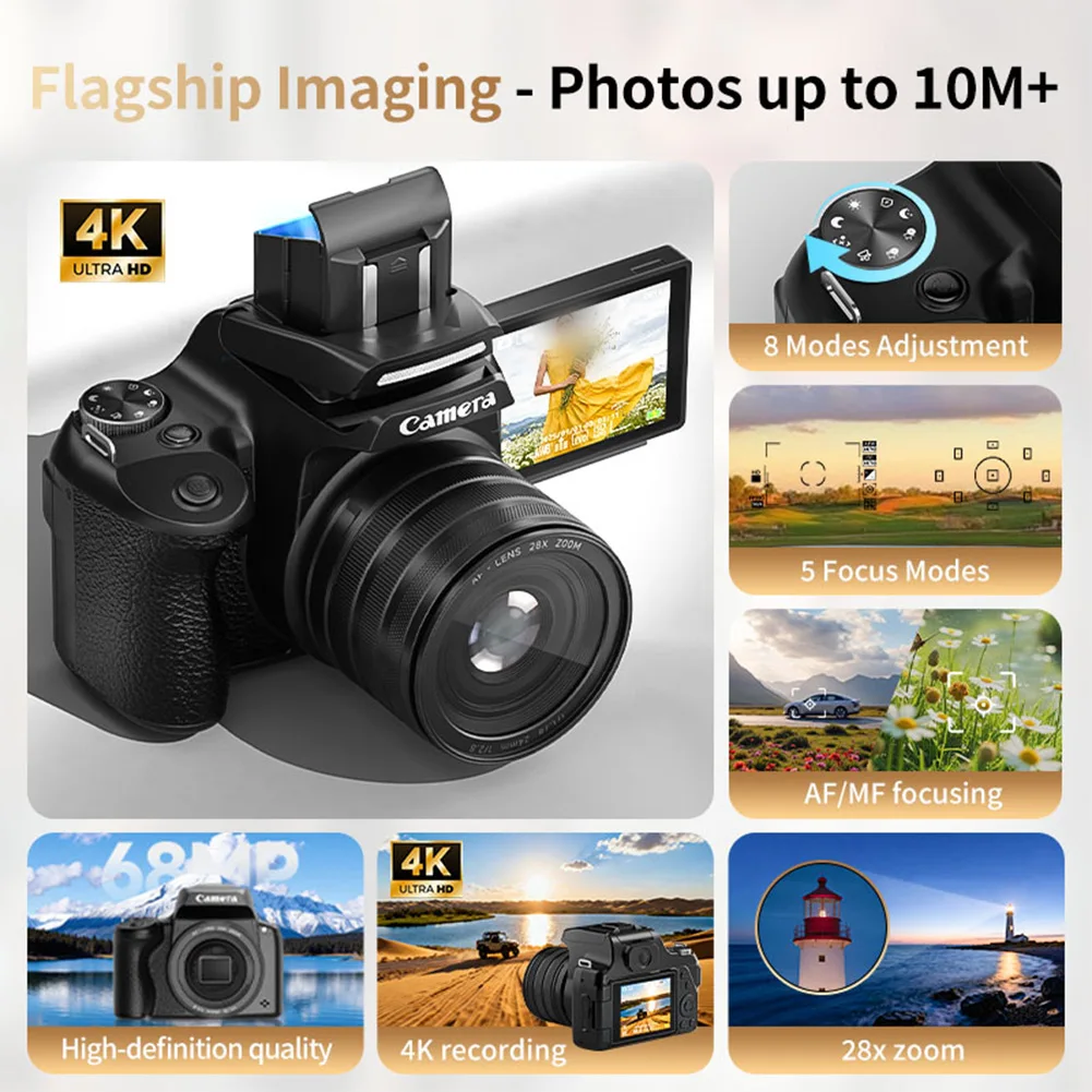 Vlogging Camera Kit 28X Zoom DC207 Waist Flat Viewfinder DSLR Camera Flip Screen Selfie 68MP High-definition 4K Camera