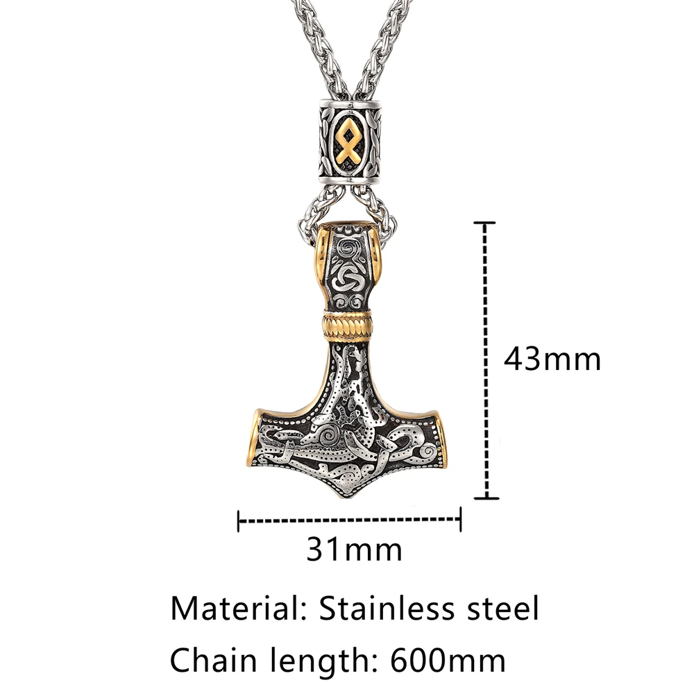 Gold Plated Norse Runes Beads Thor's Hammer Necklaces Men's Stainless Steel Mjolnir Pendant Vikings Anchor Amulet Male Jewelry view 4