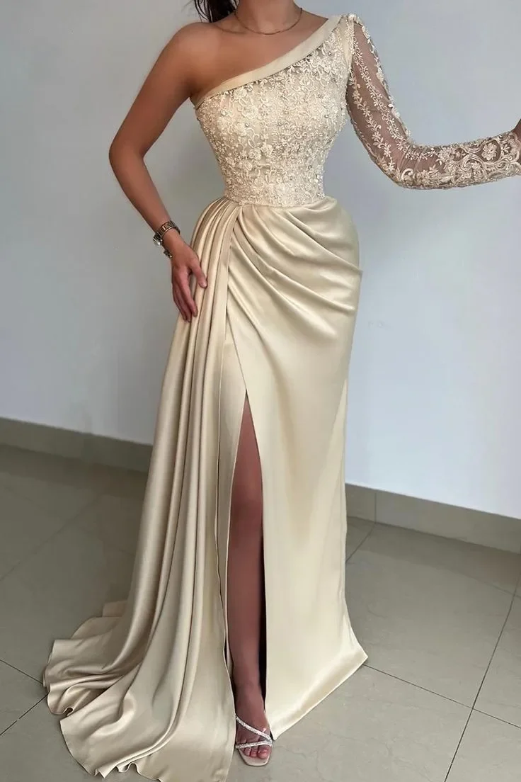 

Customized Champagne Mermaid Prom Dresses Lace One Shoulder Long Sleeve Beaded Ruched Pleats High Slit Evening Party Gowns