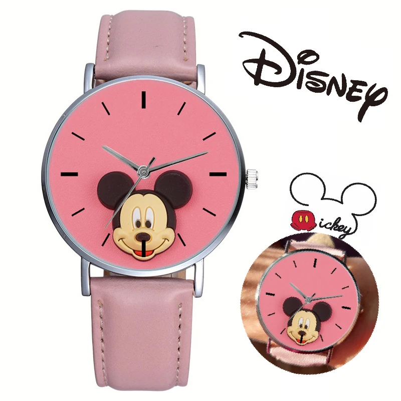 New Disney Pink Cartoon Mickey Children\'s Watch Pu Leather Strap Student Quartz Watch kids watches girls birthday gifts