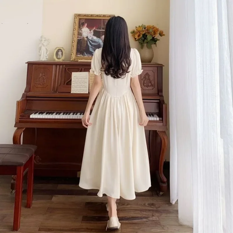 French Retro Dresses Women Square Collar Puff Sleeve Pleated Bandage Flattering Waist A-line Midi Princess Style Elegant Girls