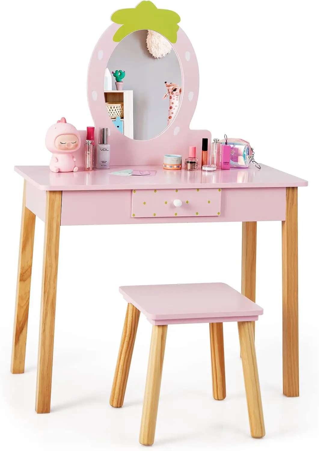 

Kids Vanity, Strawberry Themed Princ Makeup Vanity Set For Little Girls, Real Oval Mirror, Toddler Bedroom Dressing Table &