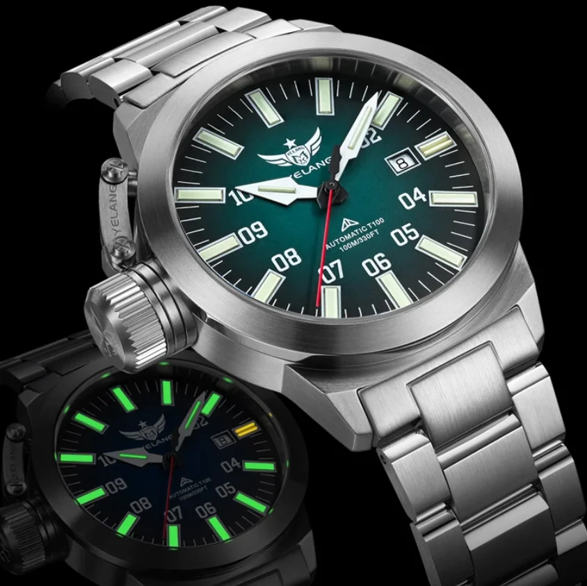 Immagine 3: Orologio Automatico da Uomo YELANG 44MM, Orologio da Polso Meccanico Subacqueo 10ATM Impermeabile, Tubi Luminosi, Zaffiro PT5000, Corona a Sinistra