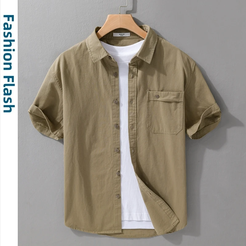 

Simple 100% Cotton Men's Summer Shirt Short Sleeve Fresh Solid Color Shirts for Men Clothing Vintage White green khaki thin