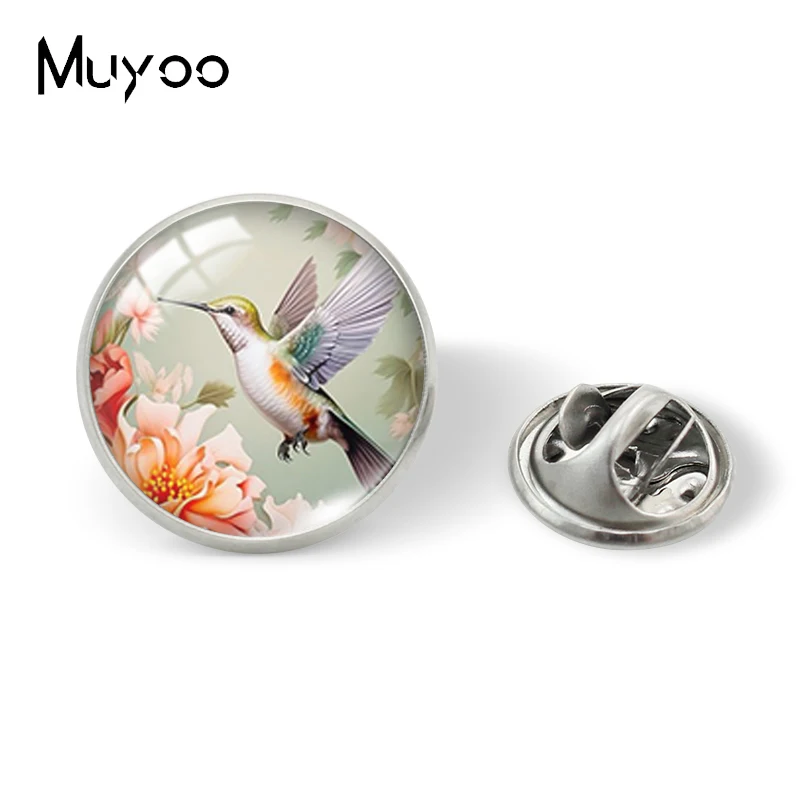 2024 New Arrival Fashion Colorful Blue Hummingbird Bird with Flowers Glass Dome Round Collar Pin Handcraft Jewelry Lapel Pins