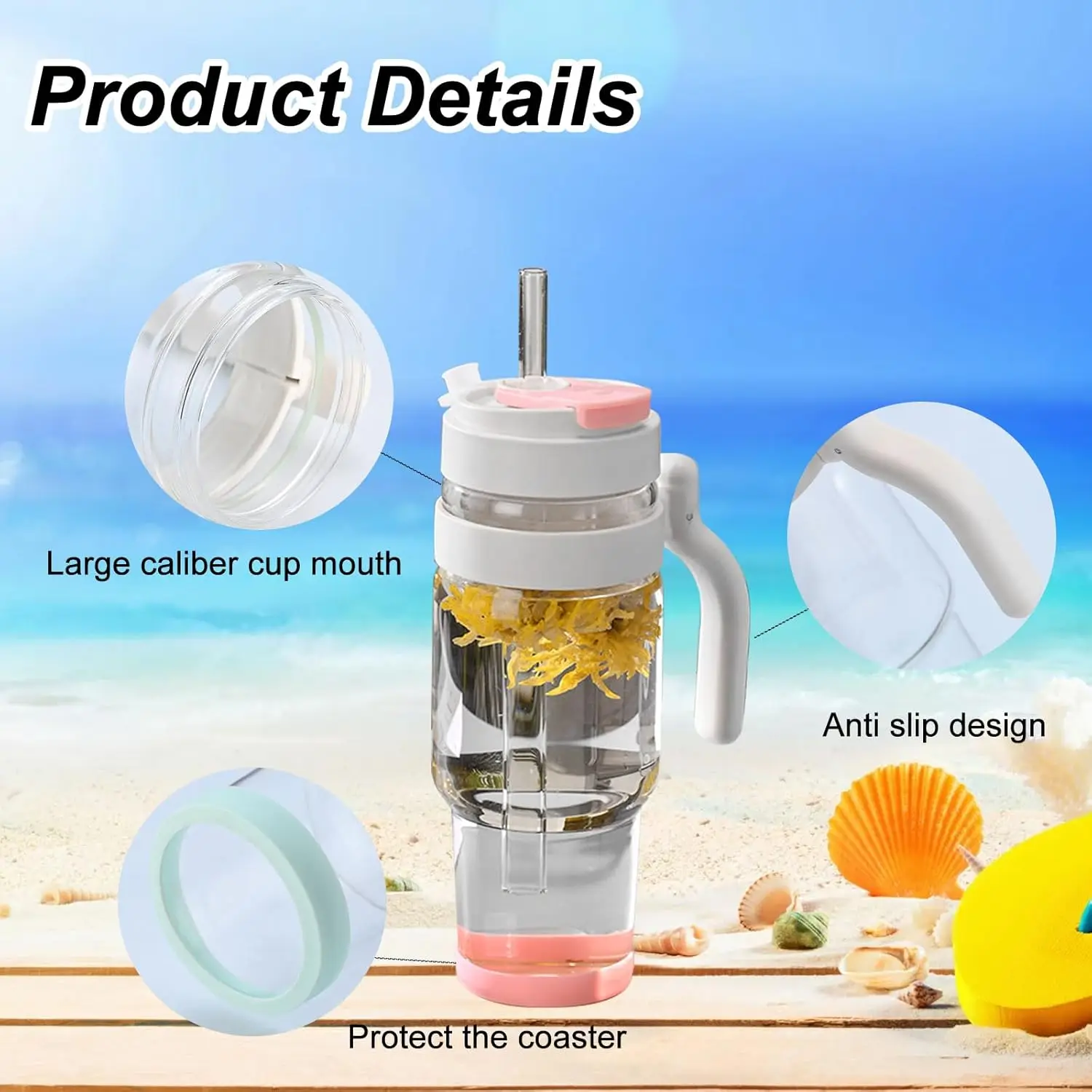 Vaso de vidrio de 32 oz con pajita y tapa, botellas de agua de vidrio con asa, taza de café helado reutilizable, Wat de vidrio de gran capacidad de 1 litro