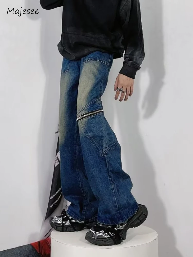 Gebleichte Jeans für Herren, Baggy, knöchellang, japanischer Stil, gewaschen, Fitness, Reißverschlüsse, High Street, Hip Hop, Vintage, Frühling, Sommer, Teenager