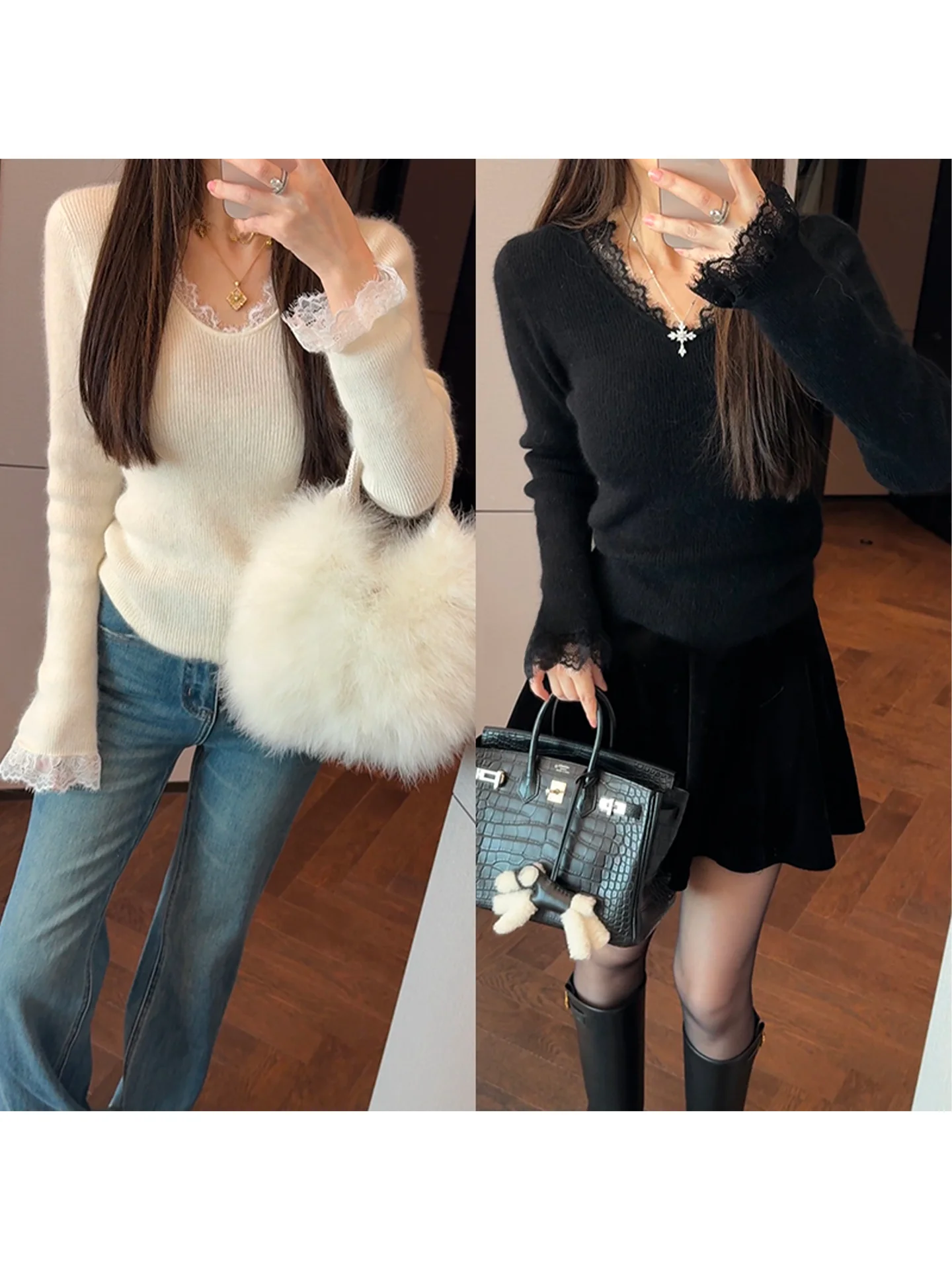 

Мягкий шерстяной свитер с пэчворком и кружевной отделкой Pure Desire, вязаный, осенне-зимний, женский, модный, теплый, уютный топ