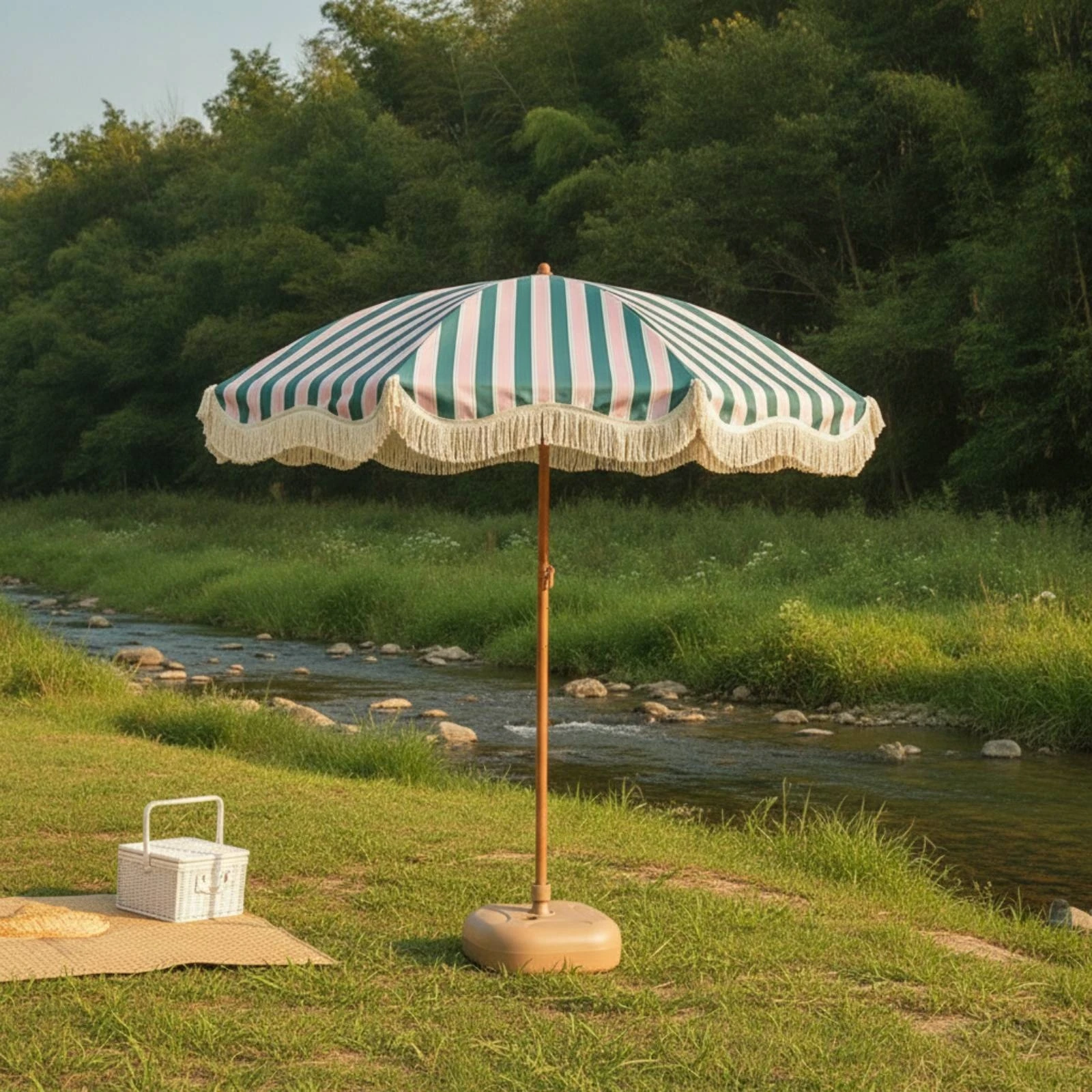 Striped Patio Umbrella UPF50+ Sunshade with Fringe Fringe Umbrella Tiltable Tilt Sunshade Elegant for Beach, Garden