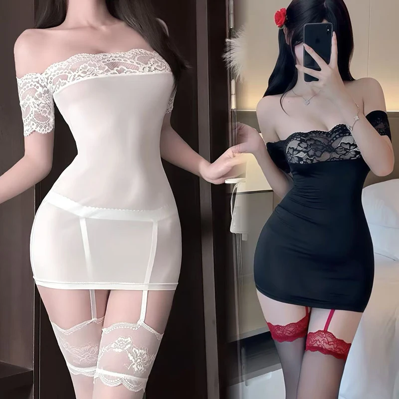 

Sexy Women Bodycon Dresses Lace Off The Shoulder Dress Glossy Sheer Tight Hip Sweet Maid Dress Night Club Fantasy Erotic Wear