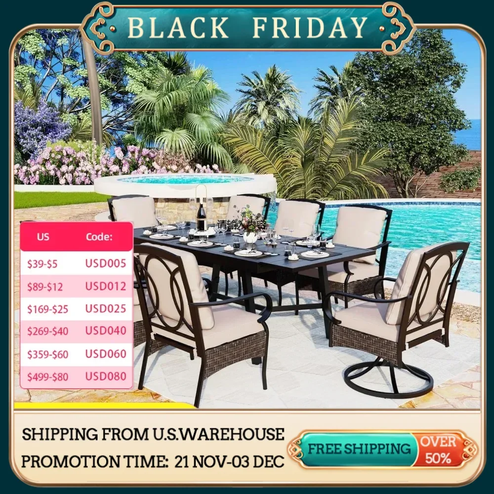 9 Piece Patio Table Set for 8 People, Patio Furniture Set with 2 Rattan and Metal Swivel Chairs and 6 Dining Chairs