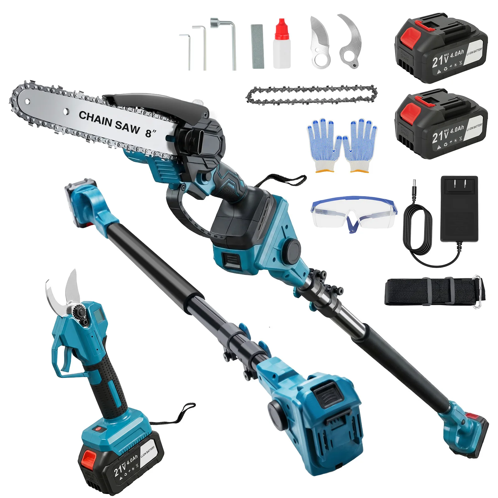 4-in-1 Pole Saw 8 Inch Brushless Chainsaw 3-Height Adjustable with 4.0Ah Battery Powered Extension Pole 180° Rotating Head for Tree Pruning Hedge Trimming Garden