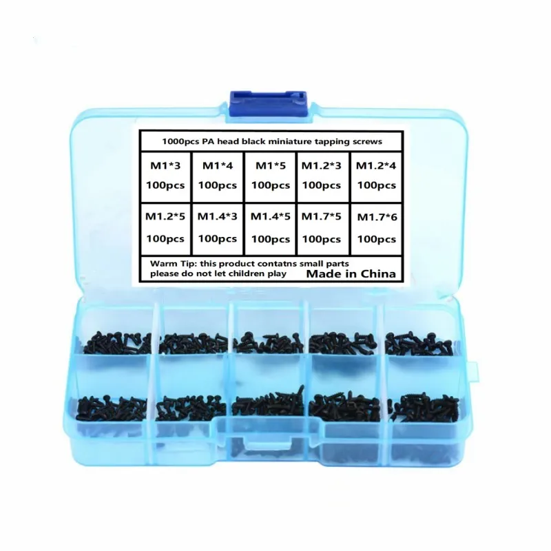 1000pcs/box black micro screw PA head self tapping screw M1-M1.7 series