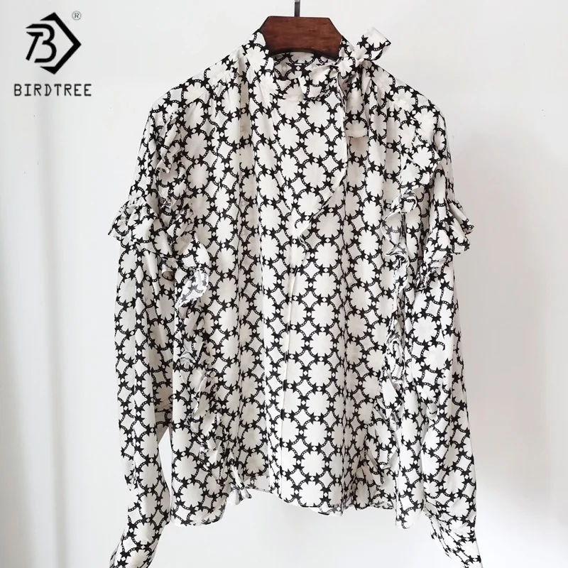 

Birdtree, блузка из 100% шелка, женские свободные рубашки с v-образным вырезом и принтом, топы с длинными рукавами, новинка весны и осени 2025 T5D307JF