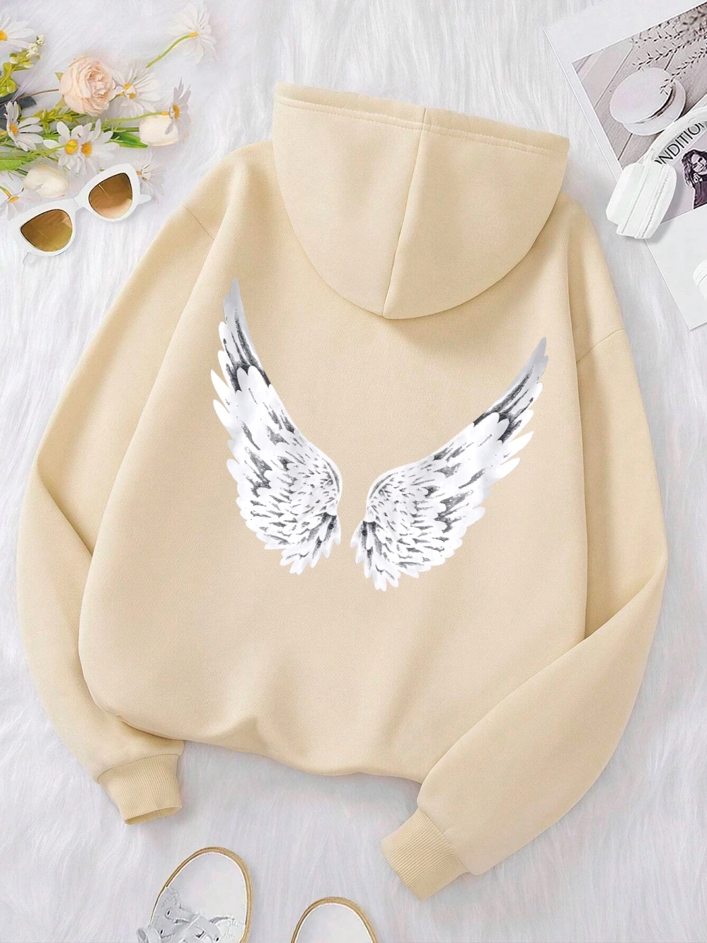 Pull Oversize à Capuche Imprimé Ailes – Style Y2K E-Girl Années 90 Streetwear Femme