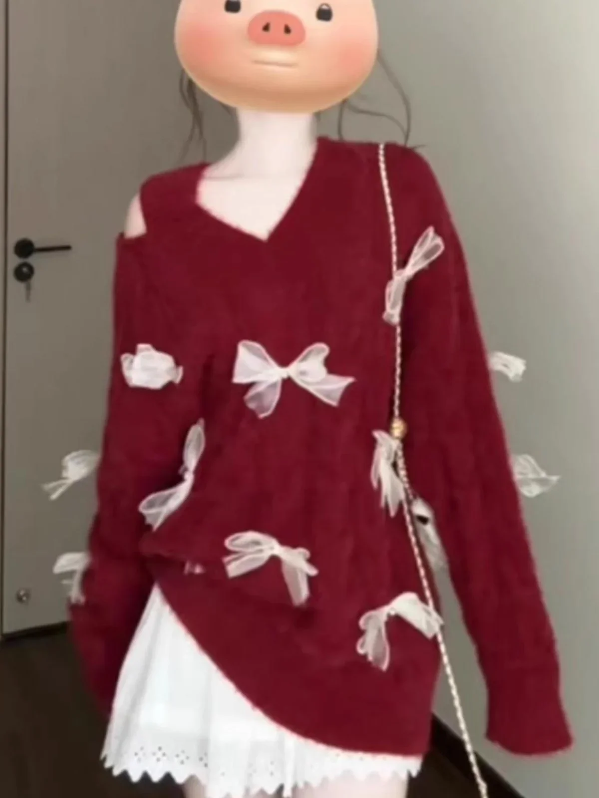 Sweet Soft Glutinous Off Shoulder Red Bow V-neck Sweater Women Clothing Autumn/Winter Minority Slouchy Knit Pullovers Women Tops