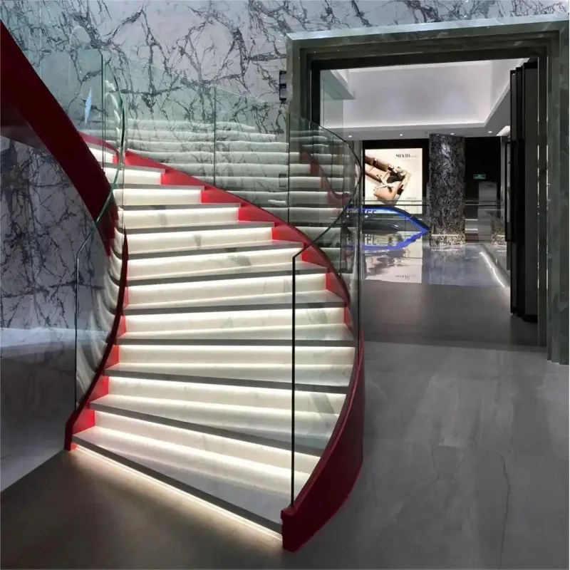 custom.Curved Glass Staircase Floating Wood Steps Custom Design Modern Architecture and Luxury Homes