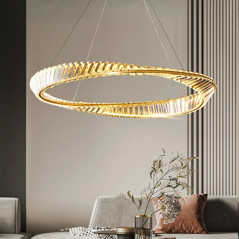 All-copper Crystal Circle Chandelier Simple Elegant Living Room Bedroom Designer's Creative Home Art Dining Room Pendant Lamp