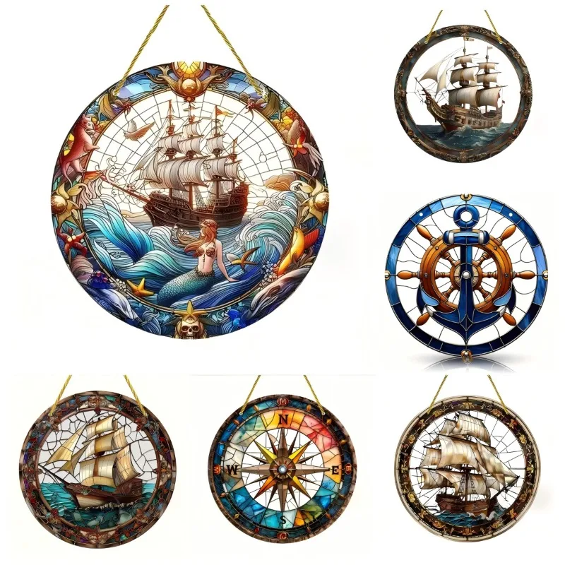 Sonnenfänger aus nautischem Acryl: Anker- und Schiffsrad zum Aufhängen, Fensterdekoration im Buntglas-Stil für Zimmer und Party mit Meerestier