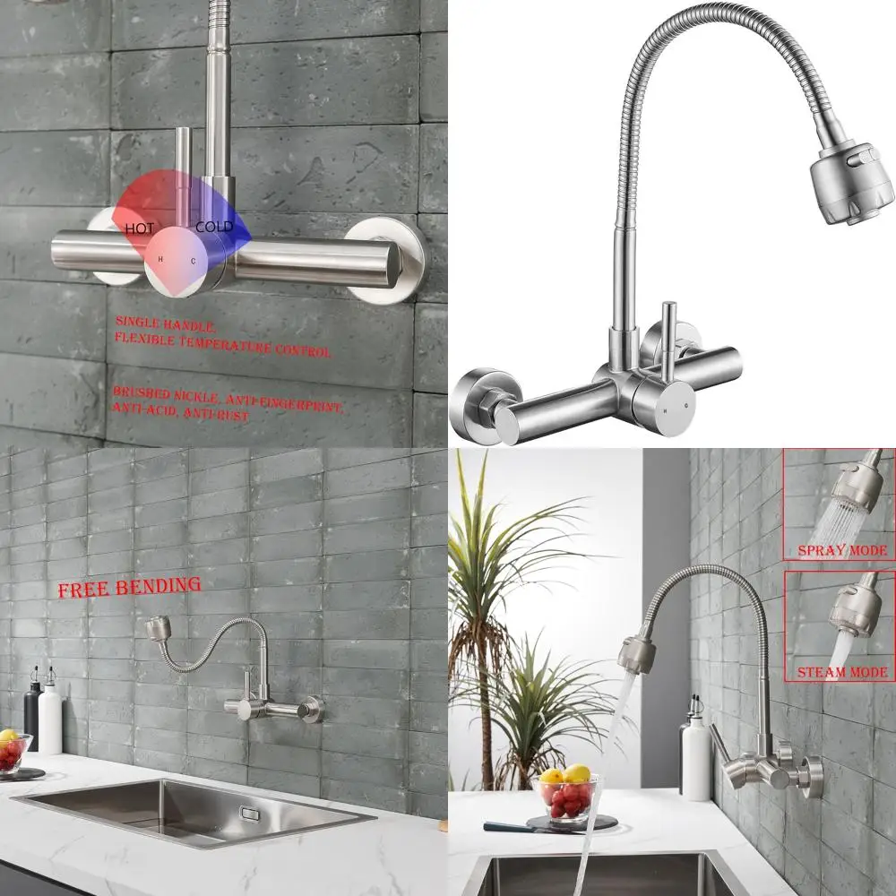 

8 Centered Wall Mount Kitchen Faucet with Flexible Sprayer, Stainless Steel Dual Function Mixer Tap, Nickel Brushed, Lead-Free,
