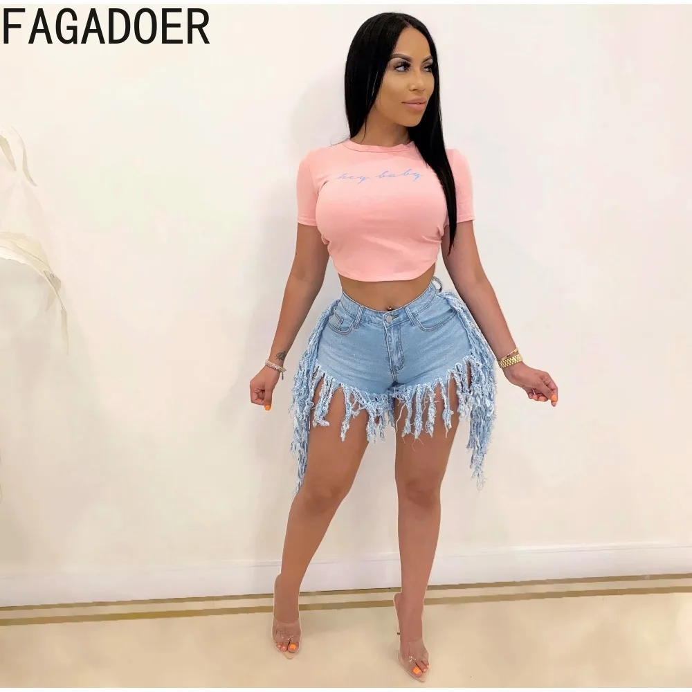 FAGADOER Casual Tassel Denim Shorts Sexy High Waisted Ripped Stretchy Jeans Shorts 2023 New Fashion Y2k Streetwear Short Pants