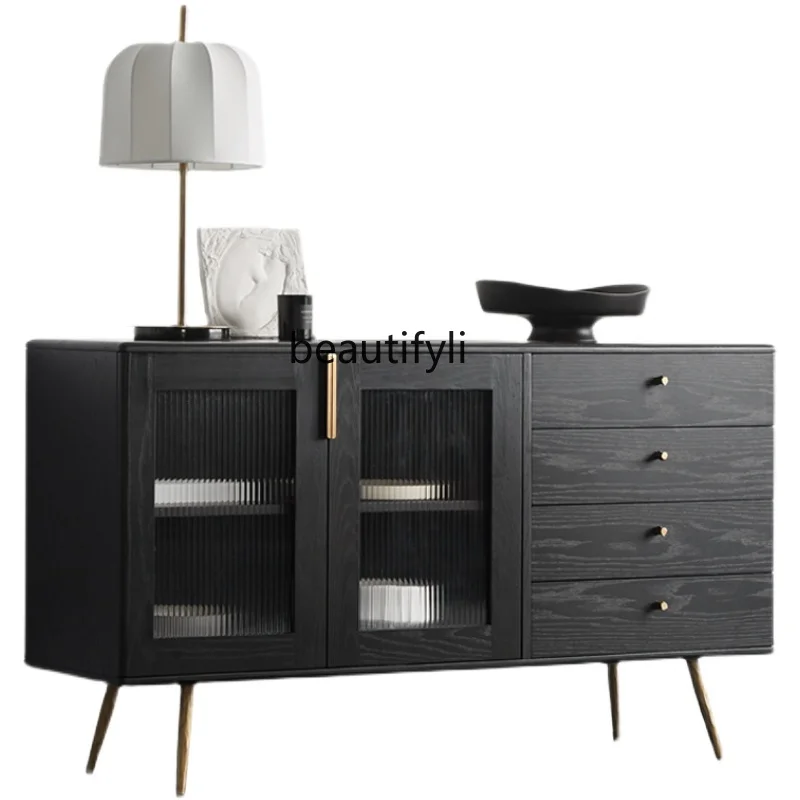 

Nordic light luxury modern simple solid wood dining side cabinet multi-functional storage glass tea decoration cabinet