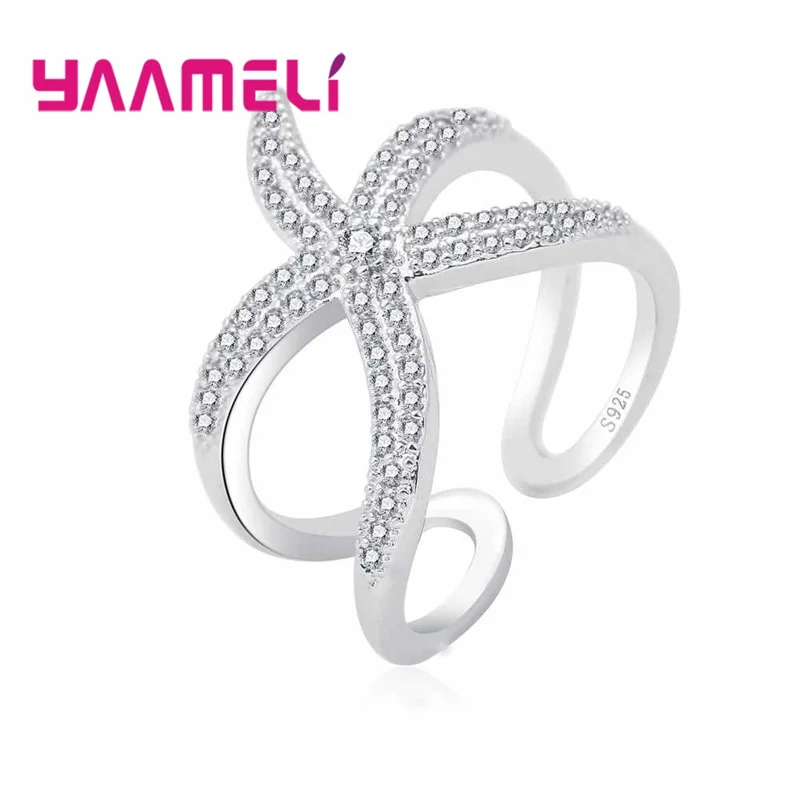 Newest Original 925 Sterling Silver Color Adjustable Ring Big Starfish Paved Shiny White Crystals Opening Rings Women Accessory