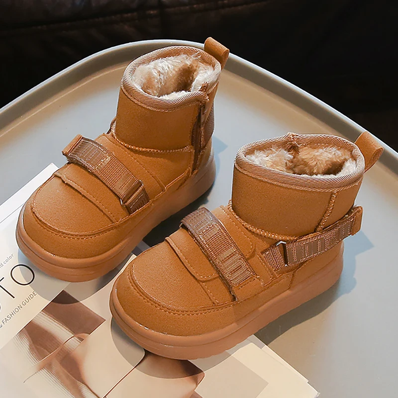 

PU Leather Snow Boots For Children Waterproof Thick Warm Boy's Girl's Plush Boots Anti-slippery Teenager Kid's Warm Cotton Shoes