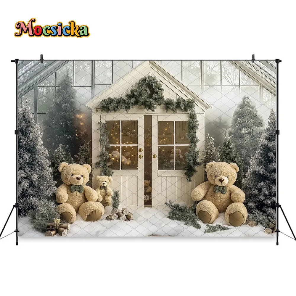 Mocsicka noël serre fond photographie arbre de noël cadeau ours porte en bois toile de fond hiver enfant bébé Photozone Studio