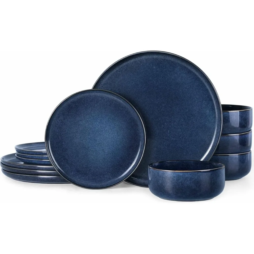 

12 pieces dinnerware set stoneware service for 4, dinner plates and bowls sets, double reactive glaze dishes set for kitchen, s