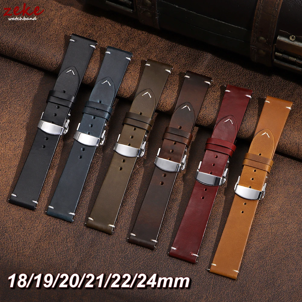 Retro Ölwachs Echtleder Armband Schnellverschluss Schmetterlingsschnalle Kalbslederarmband für Rolex 18/19/20/21/22/24 mm Armband