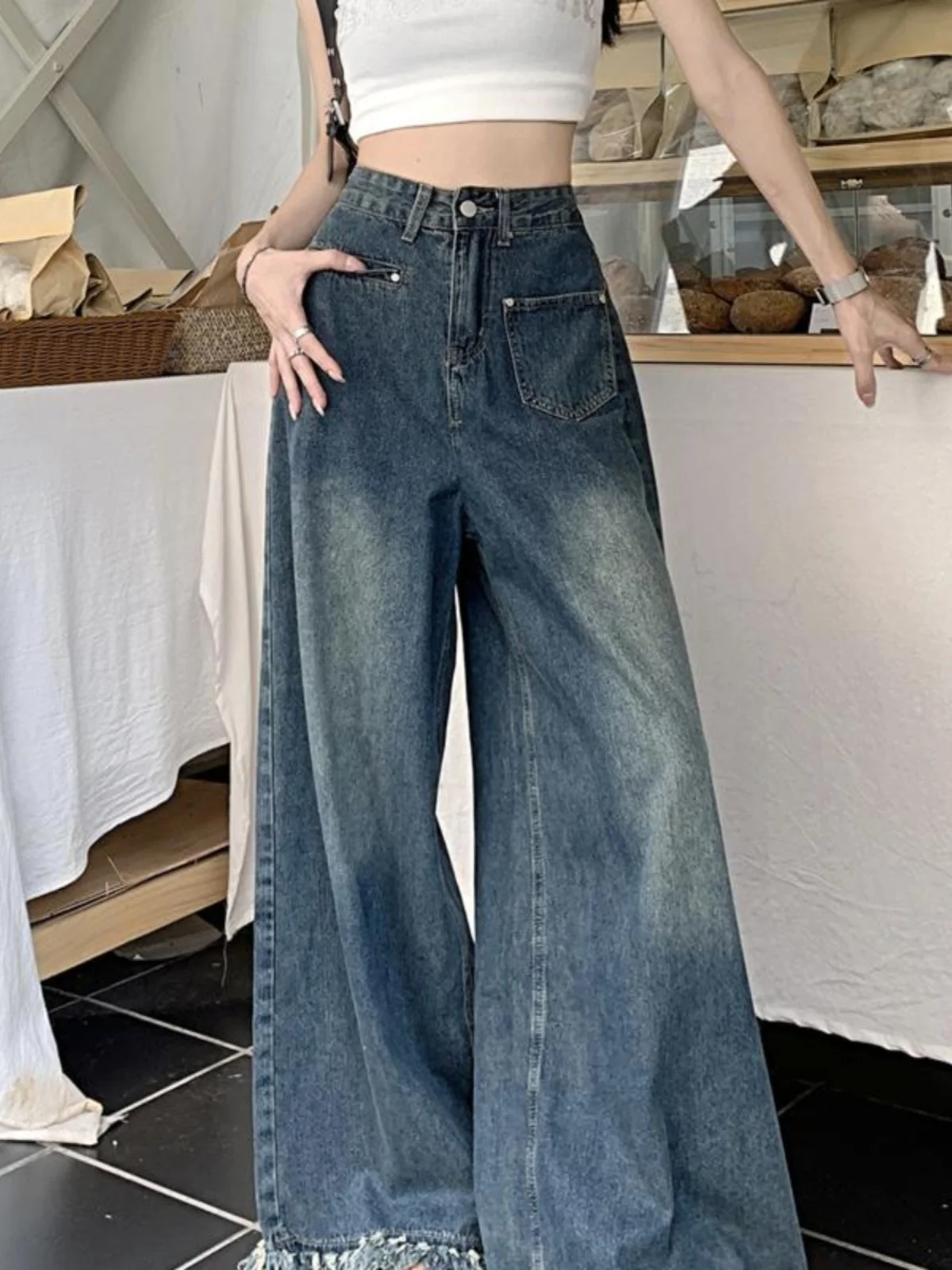 Retro High Waist Wide Leg Jeans Women's New Sle Large Size Slimming Design Sensation Long Pants Dra Sensation Frayed 