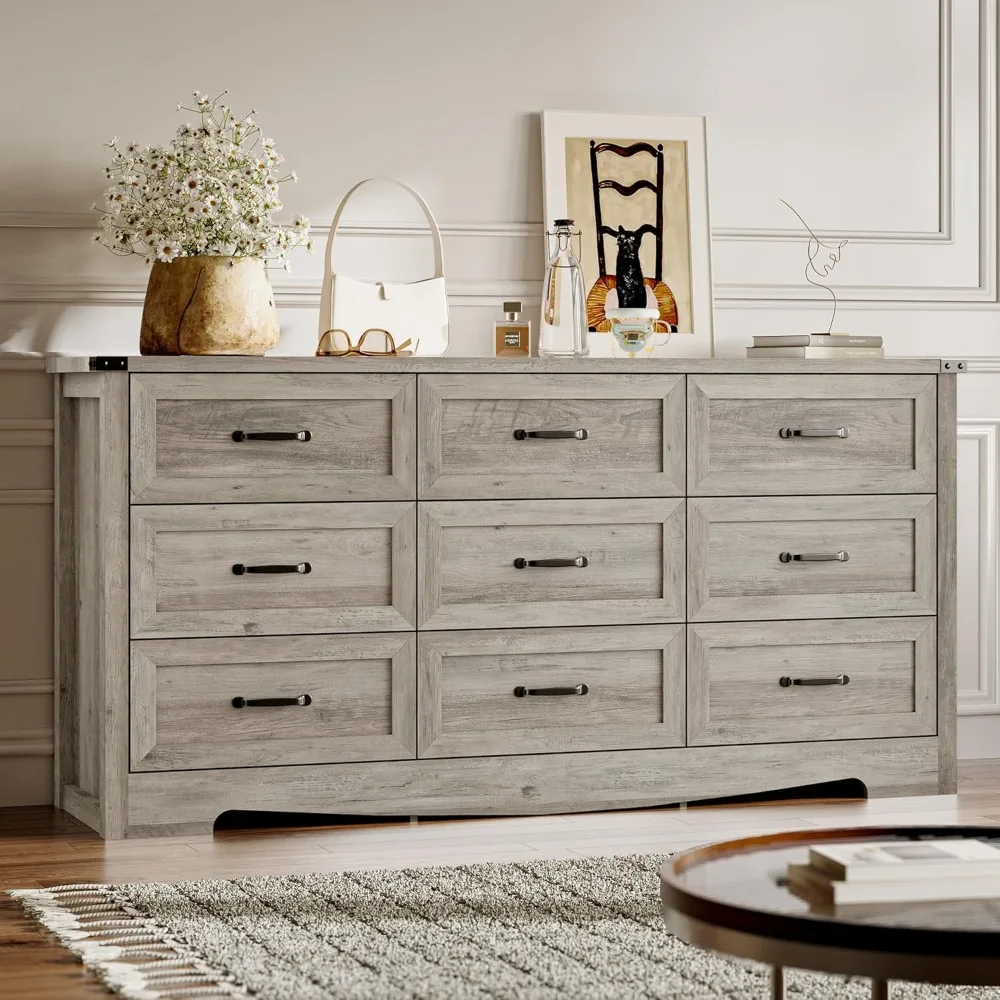 9-Drawer Dresser for Bedroom, Modern Wooden Chest of Drawers with Metal Handles, Anti-Tipping Design,