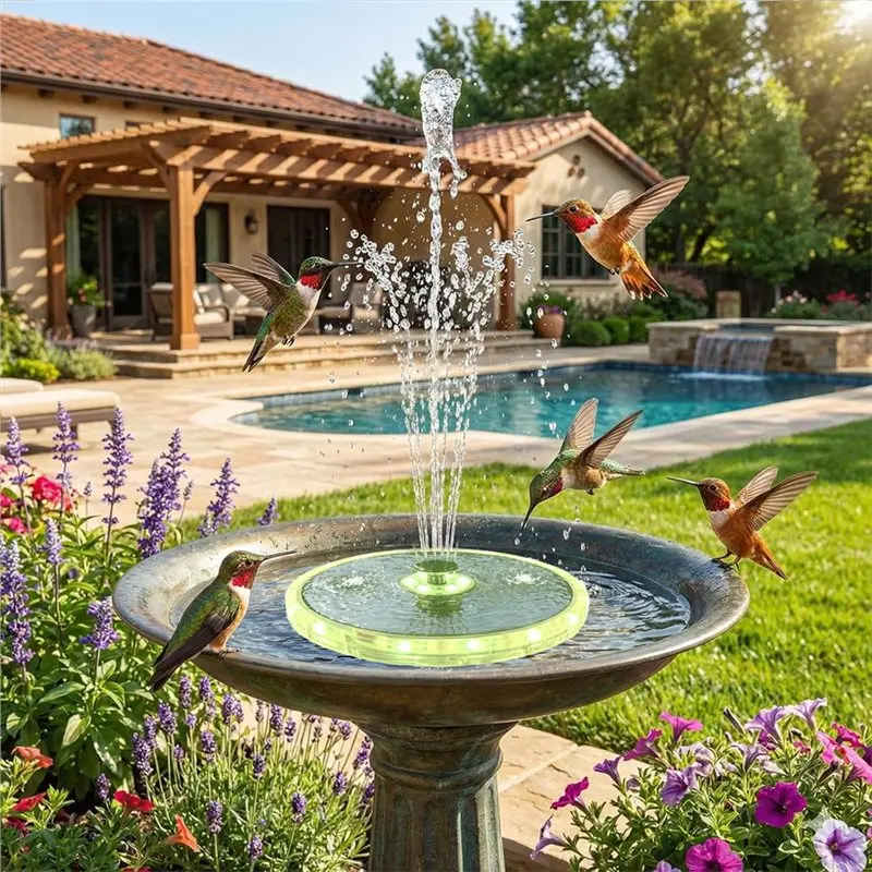 ABRU-Solar Water Fountain Pump With LED Light Ring Floating Fountain For Bird Bath Garden Pond Pool