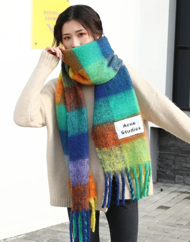 Marshmallow Scarf For Women 2024 New Rainbow Plaid Scarf Autumn Winter Plaid Scarf Long Shawl Warm Soft Thickened Large Shawl