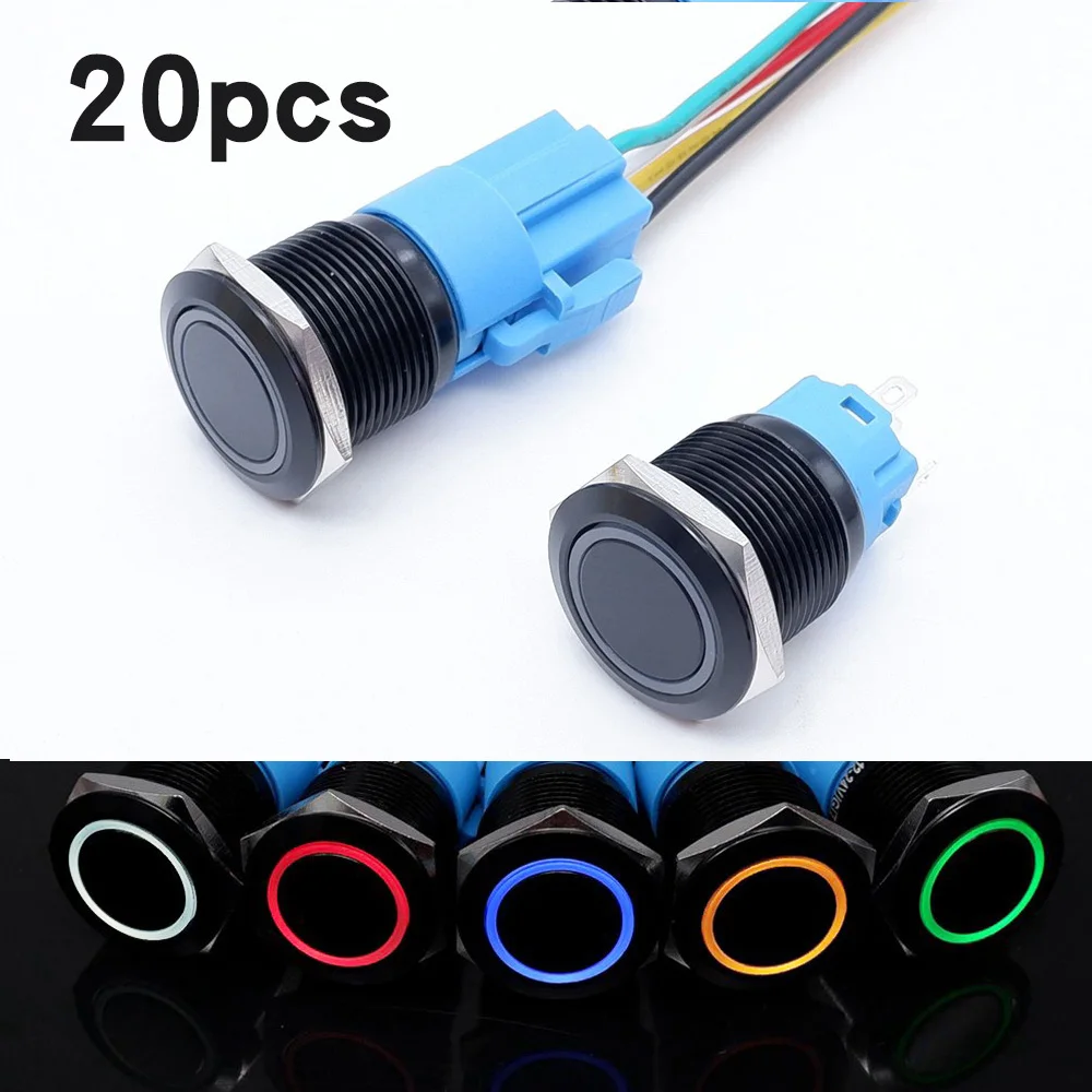 

20PCS Black Push Button Switch 16/19/22mm Momentary Fixation Start Waterproof Led Car Light Metal Flat Switches 5V 12V 220V 24V