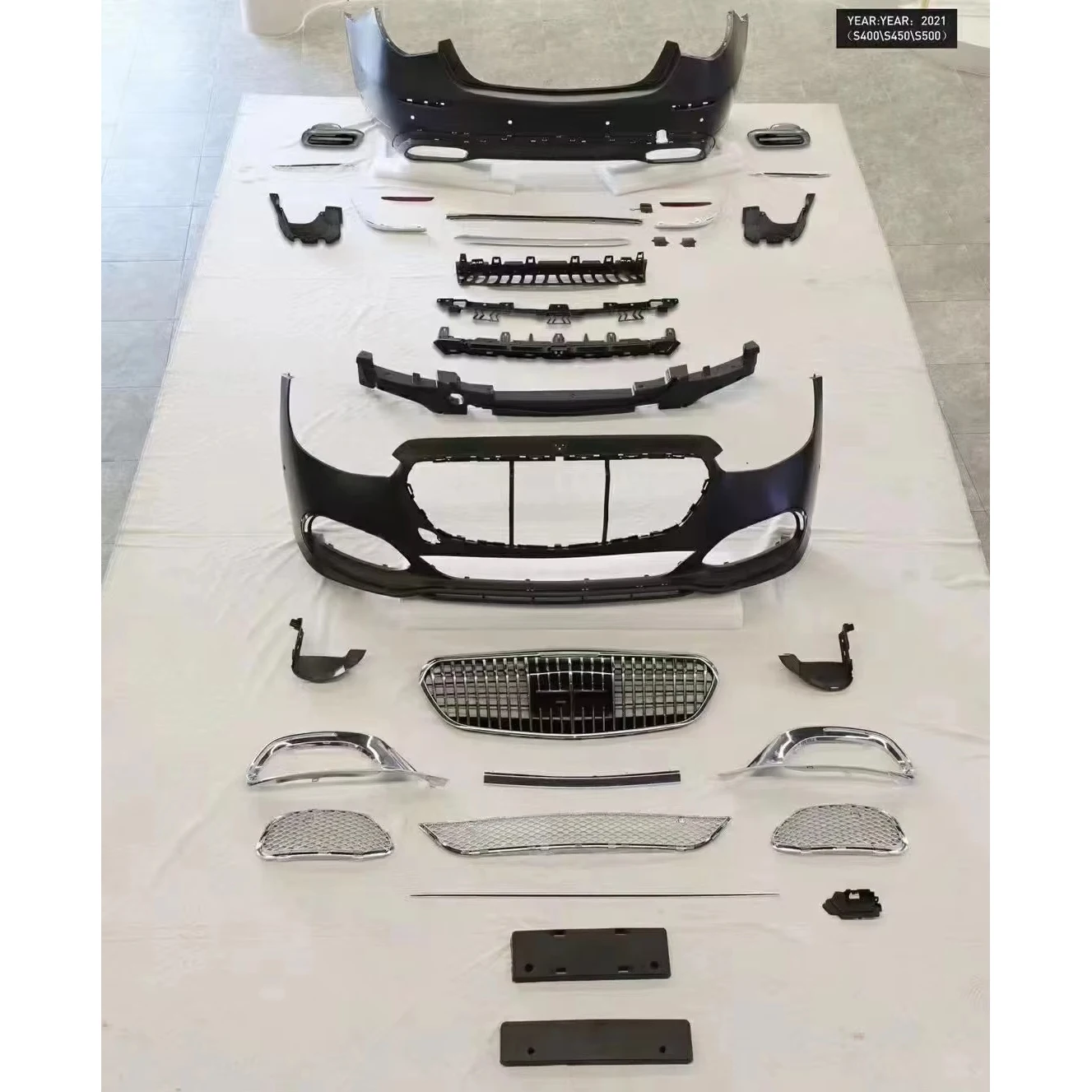 

2021/2022 Benz W223 S Class Upgrade Maybach Front Bumper Grille & Rear Bumper Rear Diffuser Tips Newest Full Body Car Kits
