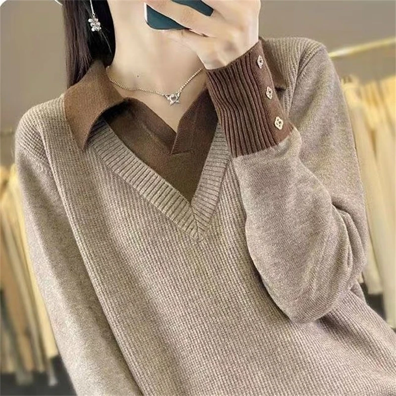 Women Vintage Patchwork Polo Collar Fake Two-piece Knitted Sweater Autumn Winter Fashion Long Sleeve Pullover Tops Loose Jumpers