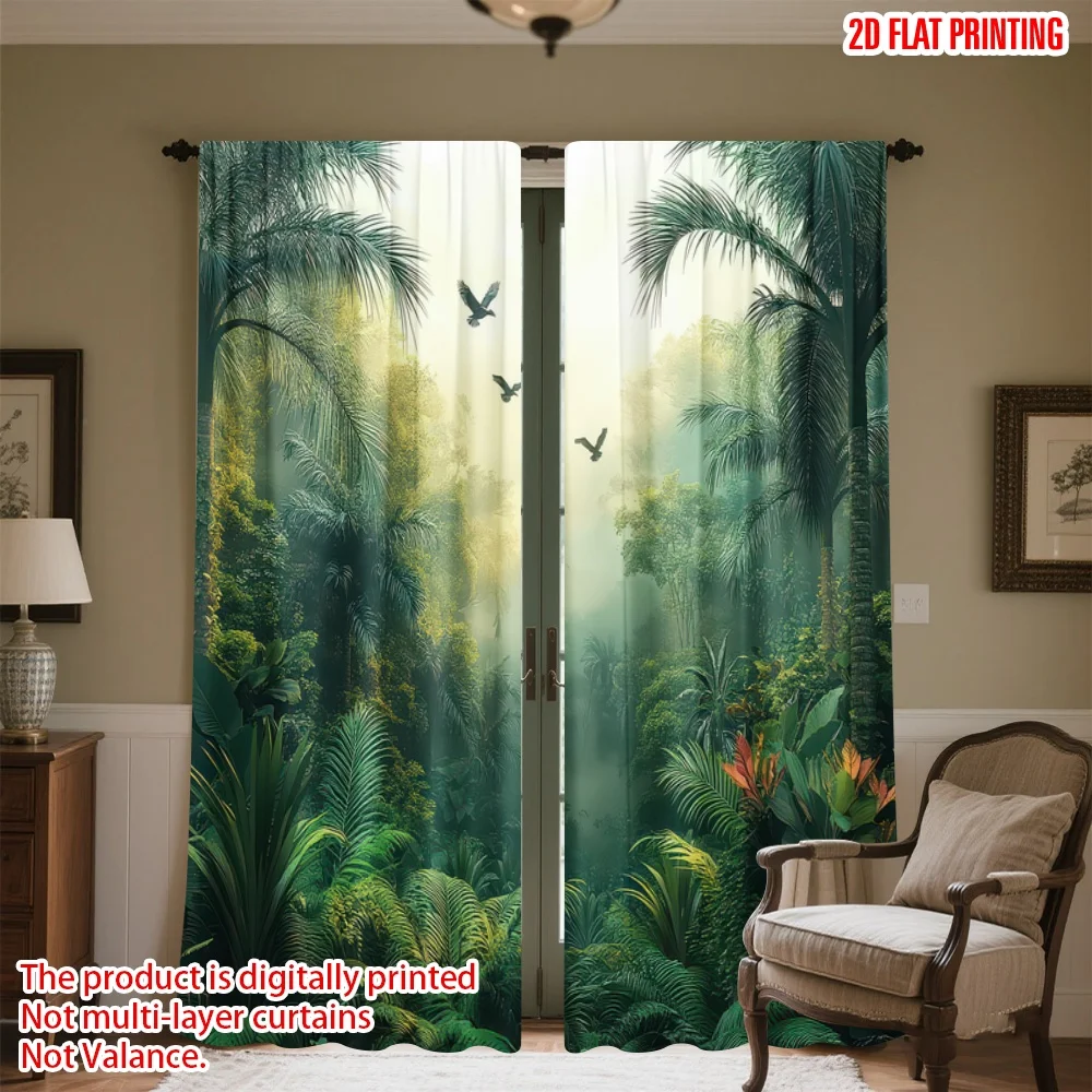 

2D flat printing 2pcs Window Curtains Lush Jungle Birds Digital Printed Polyester Drapes Family Party Decoration Use for Festive