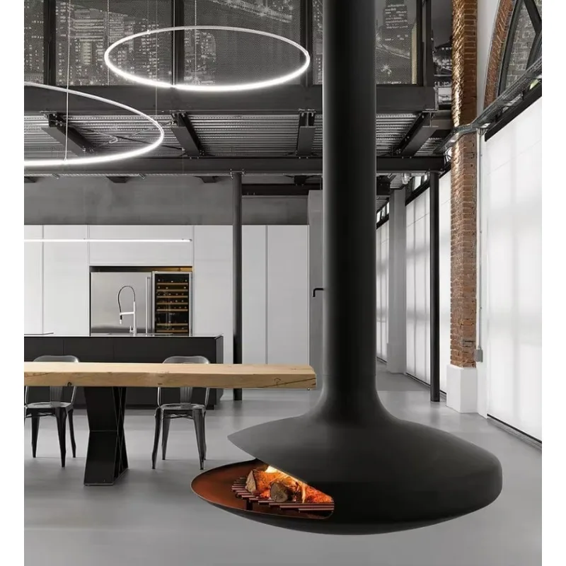 Modern Indoor Hotel Decorative Wood Charcoal Black Hanging Fireplace Ceiling Mounted Suspended Fireplace UFO Shape