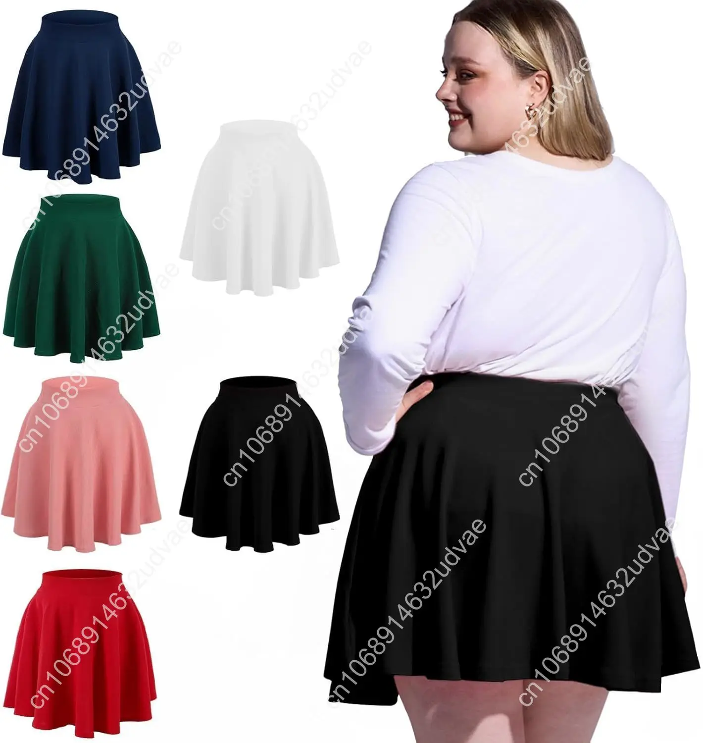 Moon Wood Women's Plus Size Mini Skater Skirt- Basic Versatile High Waisted Flared Casual Stretchy Skirts