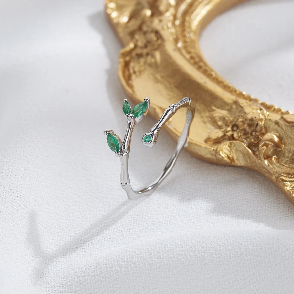 1 Piece 925 Sterling Silver Green Zircon Leaf-shape Rings for Women Adjustable Fashion Jewelry Gift